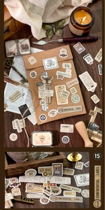 Detailed view of vintage collage stickers including stamps and retro decorative labels