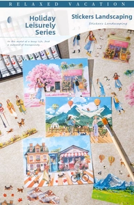 DIY collage art with scenic paper stickers and artistic painting supplies layout