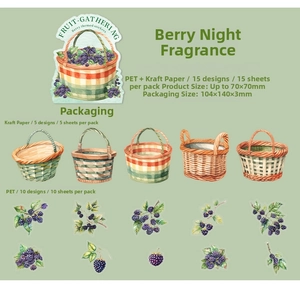 Detail of Night Berry PET stickers with hand-drawn fruit basket and blackberry illustrations