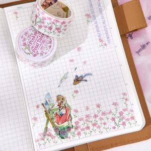 Floral Washi Tape set with pink petal designs on white grid journal for DIY decoration