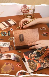 Detail of A6 vintage Wild West journal set with leather cover and decorative stickers
