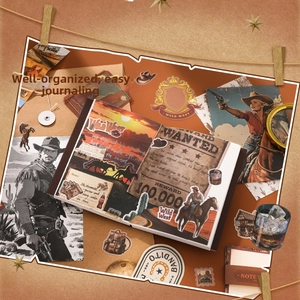 Macro view of Wild West themed vintage DIY scrapbooking stickers and journal supplies