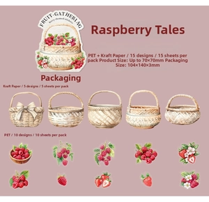 Flat lay of watercolor raspberry themed stickers made of PET and kraft paper