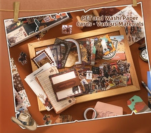 Detail of Wild West themed vintage stationery set with PET stickers and washi paper