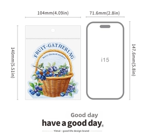 Size comparison of berry-themed craft stickers next to a smartphone for scale