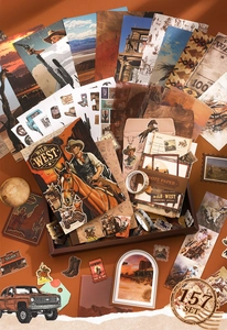 Detailed close-up of 157-piece Wild West retro journaling kit with vintage cowboy stickers
