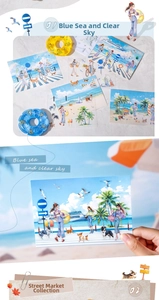 Detail showing summer seaside theme stickers with fashion figures, pets and palm trees