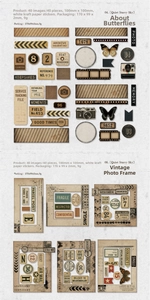 Detailed flat lay of vintage collage stickers including butterfly motifs and frames