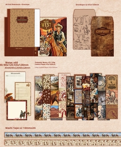 Detail of Wild West themed stationery set with vintage cowboy notebook and paper supplies