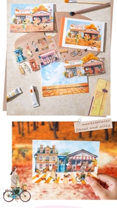 Detailed view of vintage autumn street scenery stickers for DIY scrapbooking projects