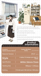 Detail showing PET stickers with female lifestyle hand-drawn illustrations for journals