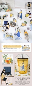 Detail of workplace stickers showing daily life scenes like cooking and walking dogs on a mug