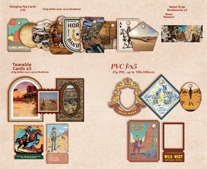 Macro view of vintage wild west stationery set including metal bookmarks and paper tags