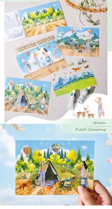 Close-up of Green Field Camping themed stickers for DIY scrapbooking and decoration