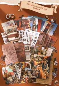 Detailed view of 157pcs vintage American western cowboy themed scrapbook DIY material set