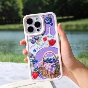 Purple berry illustration case for iPhone 14/15 Pro with picnic fruits and text