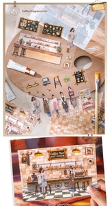 Detail of coffee bar theme aesthetic stickers applied on a vintage scrapbook journal