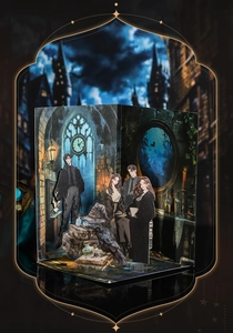 Detail of 3D Magic Academy diorama with wizard characters and gothic paper cutouts