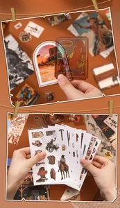 Detail of vintage Wild West themed washi stickers with die-cut desert and cowboy motifs