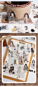 Detail of career-themed planner stickers showing female figures and home office decor