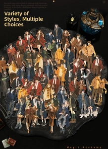 Detailed view of magic academy character stickers featuring vintage academy uniforms