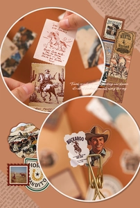 Close-up of vintage Wild West theme stickers for DIY scrapbooking and journal decoration