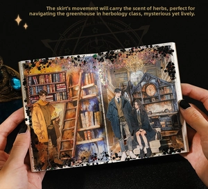 Macro detail of magic academy stickers with characters and library illustrations