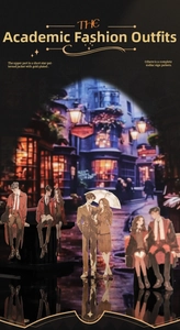Close-up of vintage magic academy stickers with British uniforms on a dark reflective surface