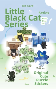 Detail view of Little Black Cat puzzle stickers showing cute cartoon cat lifestyle scenes