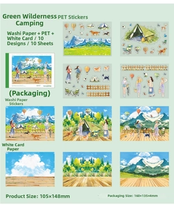 Detail of DIY outdoor camping stickers with PET and washi paper for journaling