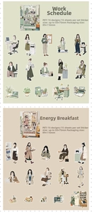 Detailed PET stickers showing career scenes and breakfast themes for diary decoration