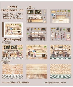 Close-up of DIY cafe scrapbooking set with 10 vintage PET and Washi stickers