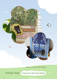 Cute black cat PET stickers featuring cozy hand-drawn reading and starlight scenes