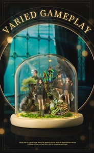 Detail of Magic Academy miniature scene in glass dome with characters and wooden base