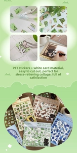 Detail of PET cat stickers showing pre-cut die-cut process for DIY scrapbooking