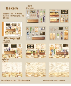 Close-up of DIY scrapbooking sticker set with baking themes and scenic paper cards