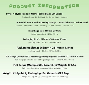 Detailed specifications of Little Black Cat PET stickers showing sizes and card quantity
