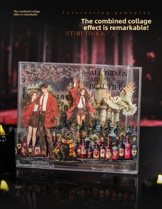 Detail showing magic character stickers and potions inside a transparent display box