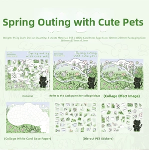 Detail of DIY cat PET stickers with packaging dimensions and spring garden design motifs
