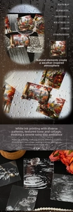 Macro view of semi-transparent PET stickers with rainy city landscapes and water ripple motifs