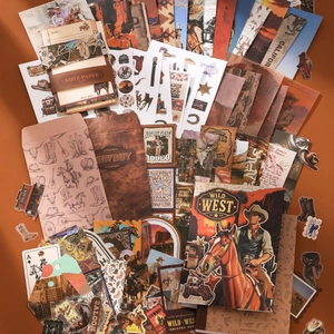 Wild West retro scrapbooking kit with cowboy stickers, decorative paper, and vintage envelopes