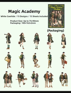 Detail display of 15 unique Magic Academy character stickers made of white kraft paper