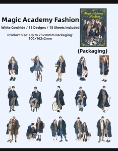 Detail view of 15 magic academy character stickers made from premium white kraft paper