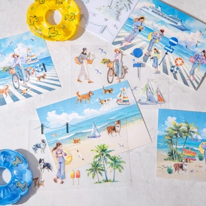 Holiday theme hand-drawn waterproof stickers set featuring dogs and beach scenes