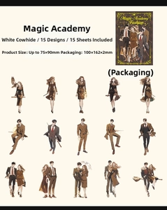 Macro detail of magic academy character stickers on high-quality white kraft paper material