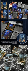 Detailed close-up of PET decorative stickers featuring city rain and winter snow patterns