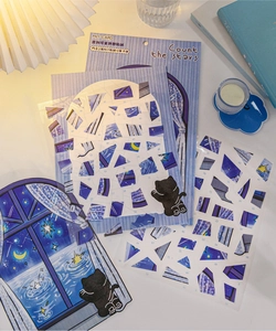 Detailed PET puzzle sticker set featuring a black cat by a starry night window
