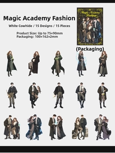 Detail view of 15 magical academy character stickers made of white kraft paper