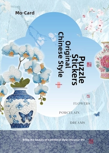 Macro view of PET die-cut stickers with blue porcelain flowers and butterflies