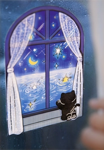 Close-up of a dreamy PET cat sticker on a misty glass window with starry night scenery